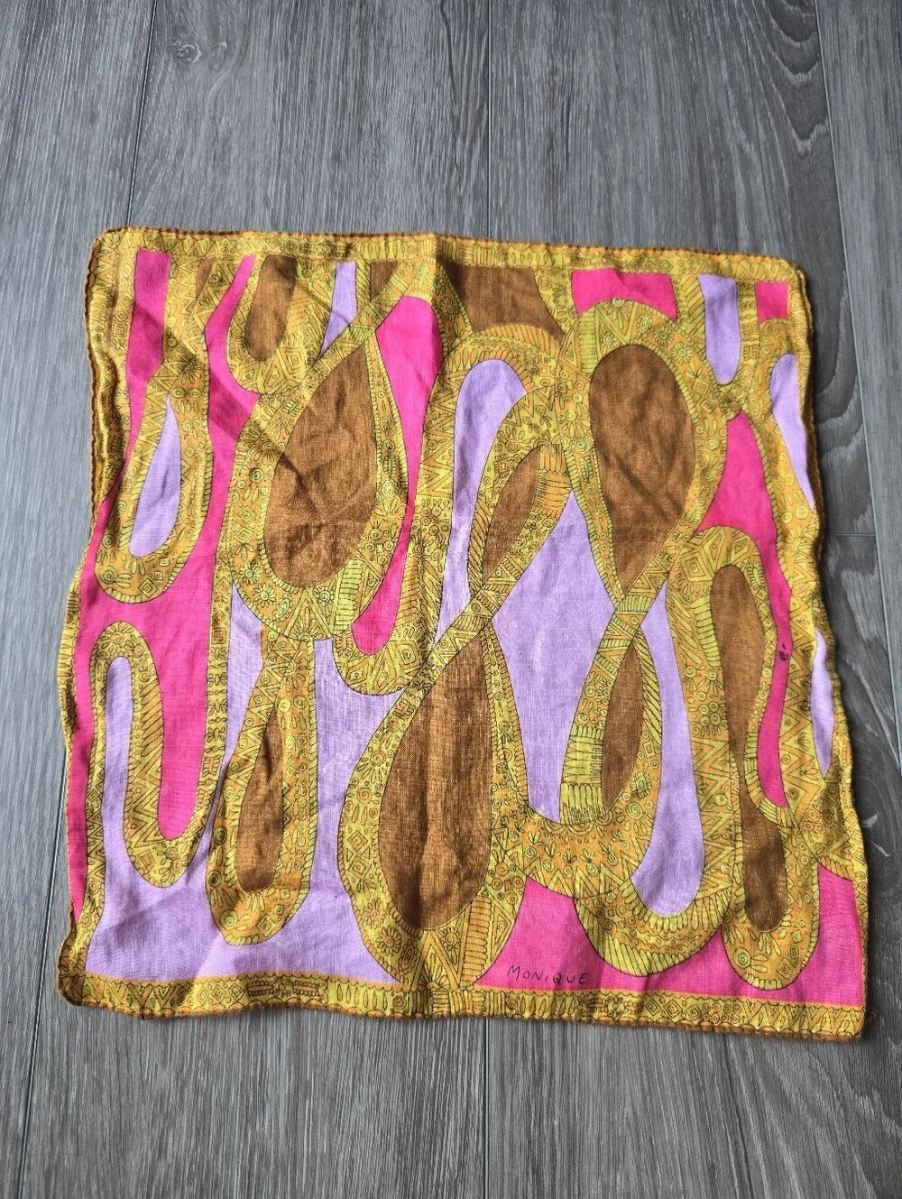 Vintage Square Scarf 60s Mod Psychedelic Pink Purple Gold Abstract Neckerchief